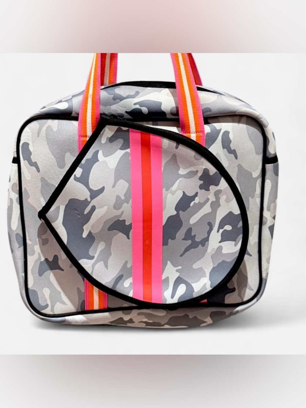 Gray Camo Neoprene Tennis Tote with Neon Pink & Orange Stripes